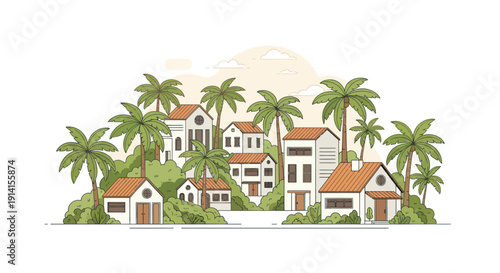 Tropical Island Village with Palm Trees and White Houses