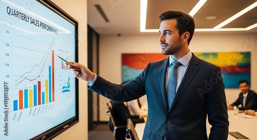 Businessman points to rising quarterly sales performance chart during meeting.