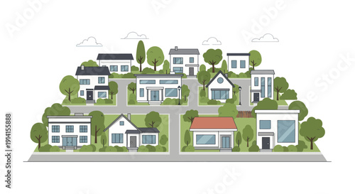Suburban neighborhood with diverse modern houses and green trees, flat illustration
