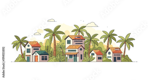 Charming Tropical Village Scene with Palm Trees and Houses