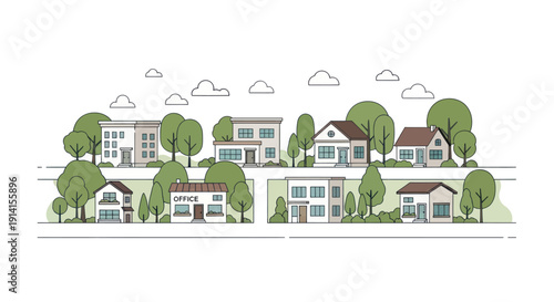Charming Suburban Street with Diverse Houses and Green Trees