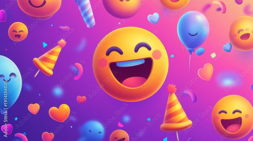 Naklejka premium Joyful emoji celebration digital art colorful background vibrant atmosphere playful viewpoint happiness concept for social engagement