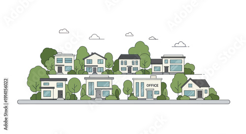 Modern Suburban Houses and Office Building, Flat Design Illustration