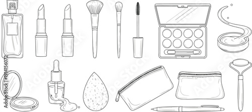 Makeup and Cosmetic Hand Drawn Outline Set with Beauty Products Brushes Lipstick Palette Foundation Bag and Facial Roller Vector Illustration