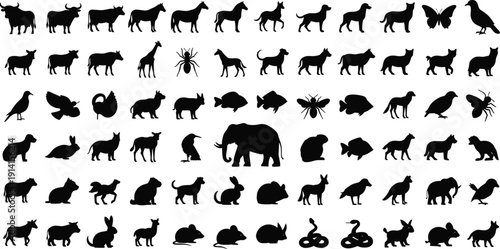 Animal silhouette icon set with mammals birds insects and fish isolated on white background