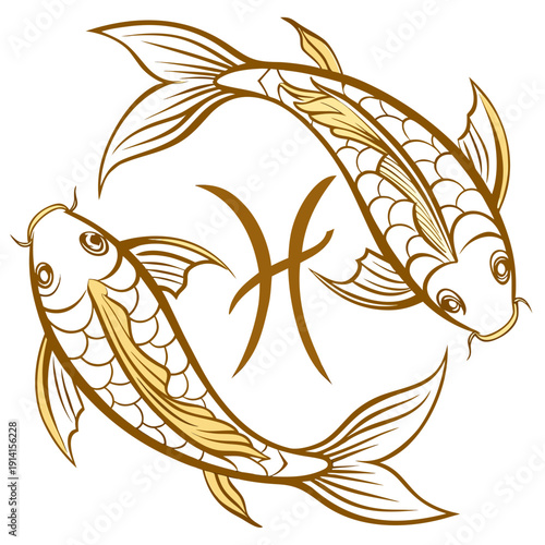 Gold of two fish forming a circle with pisces zodiac symbol