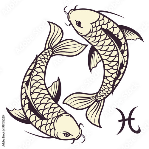 Gold zodiac fishes swimming in circle with symbol pisces