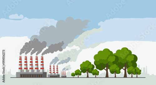 Industrial factory chimneys emitting smoke into the sky, contrasted with green trees and a blue sky