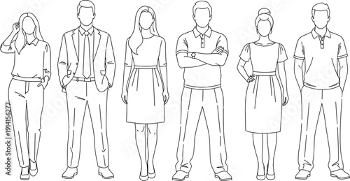 Business people line illustration set faceless men and women standing full body outline isolated