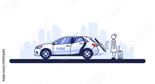 Woman with luggage loading into a ride-sharing car with city skyline in the background, transportation concept