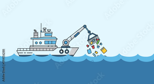 Crane ship collecting colorful plastic trash from the ocean, environmental protection concept illustration