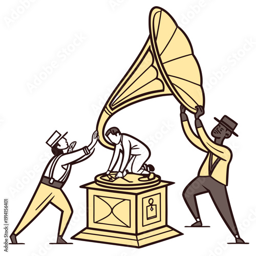 Gold gramophone with three men vintage antique music