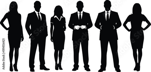 Business team silhouettes standing together, professional corporate men and women isolated on white background
