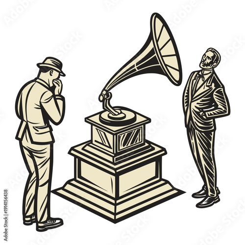 Vintage men standing beside gramophone suit