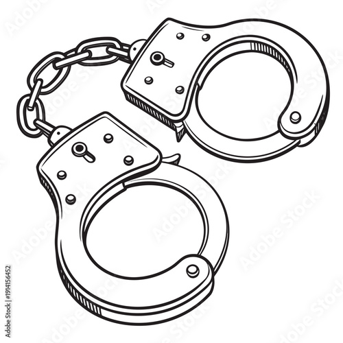 Classic metal handcuffs with chain link law enforcement