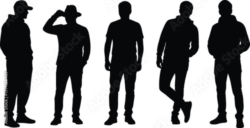 Casual men silhouettes standing in different poses, young male people figures isolated on white background
