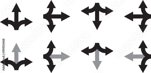 Navigation Road Arrows icon Set. Highway Direction Icons. Black arrows showing diverging and converging paths. Set of black directional arrow icons including U turn, right turn, left turn
