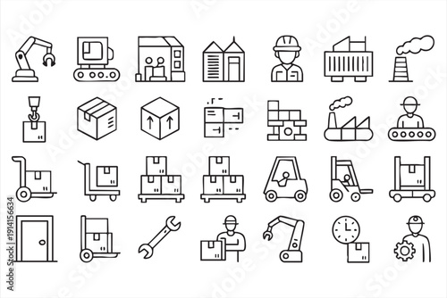 Logistics warehouse line icons with forklift and packages