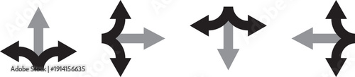 Navigation Road Arrows icon Set. Highway Direction Icons. Black arrows showing diverging and converging paths. Set of black directional arrow icons including U turn, right turn, left turn