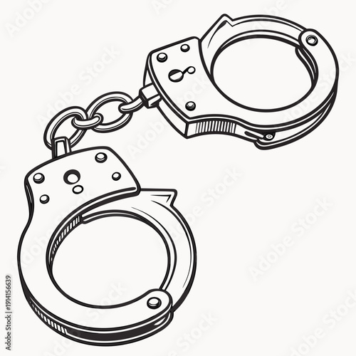 Handcuffs with chain link on white background metal