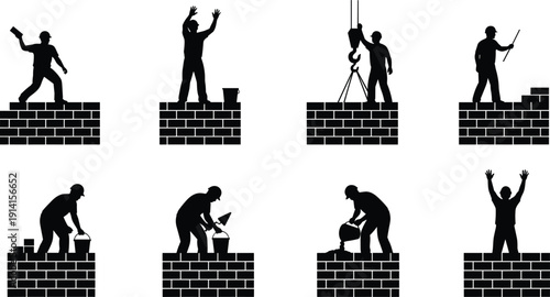 Construction worker silhouettes building brick wall isolated on white background industrial labor illustration