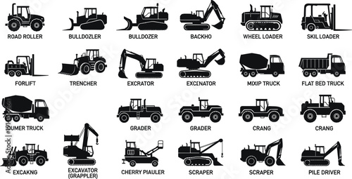 Construction heavy machinery silhouettes set, industrial vehicles and equipment collection isolated on white background illustration