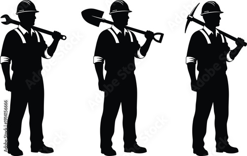 Construction worker silhouettes holding tools isolated on white background industrial labor illustration