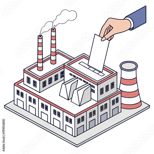 Hand putting ballot into factory building with smokestacks