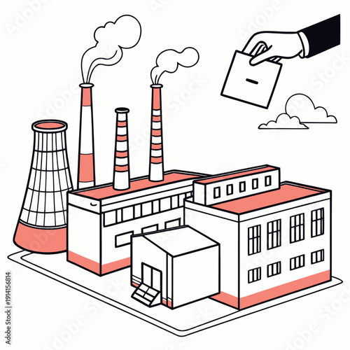Industrial factory with smokestacks and hand holding briefcase