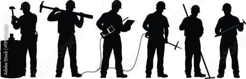 Construction workers silhouettes with tools, industrial labor teamwork, building site equipment, hard hats safety gear, workforce unity