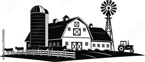 Farm landscape silhouette with barn, silo, windmill and tractor, rural countryside agriculture scene isolated on white background