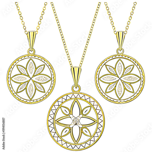 Gold jewelry set with flower pendants and chains necklace