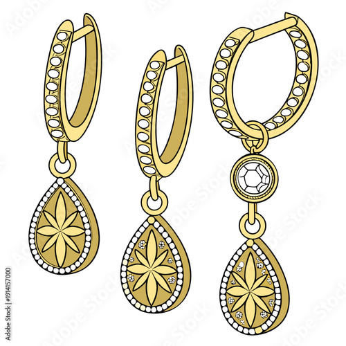 Gold earrings with white stones and floral teardrop shaped