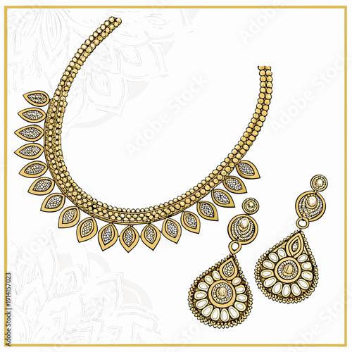 Gold necklace and earrings with white stones gold jewelry