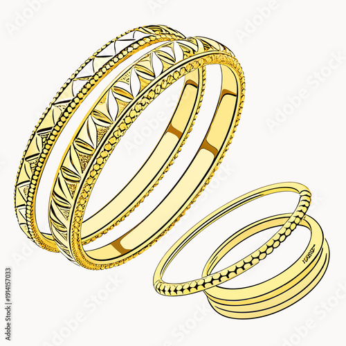 Gold bangles and rings with intricate gold jewelry