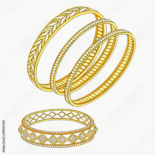 Gold bangles with intricate bracelets jewelry stacked