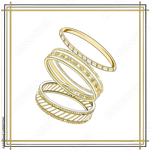 Gold bangles stacked in a square frame jewelry