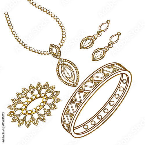 Gold jewelry set with necklace earrings brooch and bangle