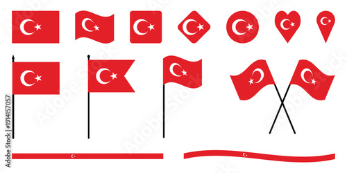 Turkey flag vector collection, Turkish national flags set in various shapes like heart, circle, and wave for Independence Day.