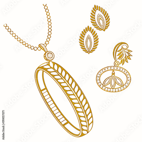 Gold jewelry set with leaf necklace earrings pendant