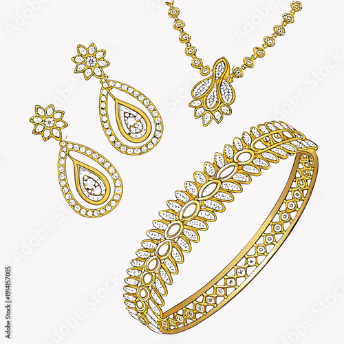 Gold jewelry set with white stones earrings necklace