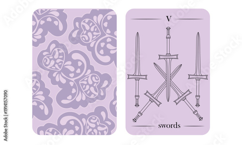 Five of Swords Tarot Card – Mystic Esoteric Vector Illustration with Lavender Ornamental Back Design