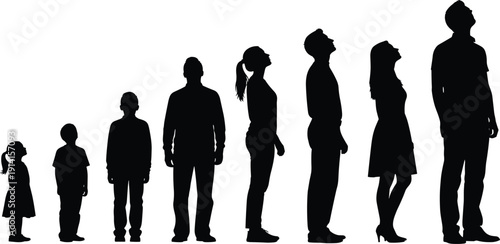 Human growth stages, people silhouette, height comparison, child to adult development progression education infographic isolated