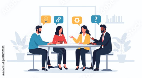 Diverse business team collaborating in a modern office, brainstorming ideas, discussing strategies, and solving problems during a productive meeting.