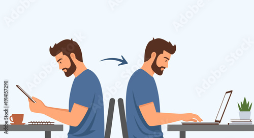 Illustration comparing good and bad ergonomic posture for digital device users, highlighting the importance of healthy sitting habits for back and neck health.