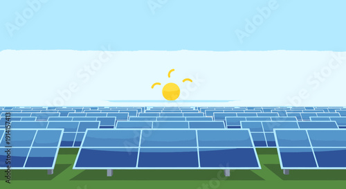 Vast solar panel farm under a bright sun, representing renewable energy and a sustainable future.