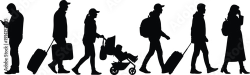 People walking with luggage and stroller silhouettes travel commuters family lifestyle set isolated