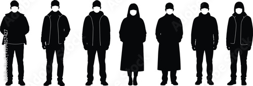 People wearing face masks silhouettes standing together, male and female figures isolated on white background