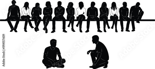 Silhouettes of diverse people sitting on bench with two figures talking below isolated conceptual illustration