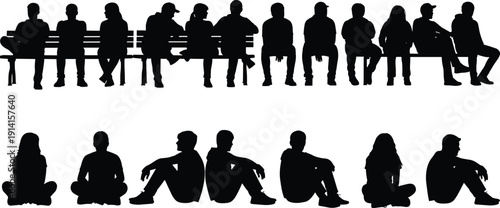 Silhouettes of people sitting on bench and ground isolated on white background illustration